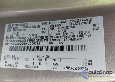 2017 Ford Escape Se from USA, damaged, VIN 1FMCU0GD6HUC06322